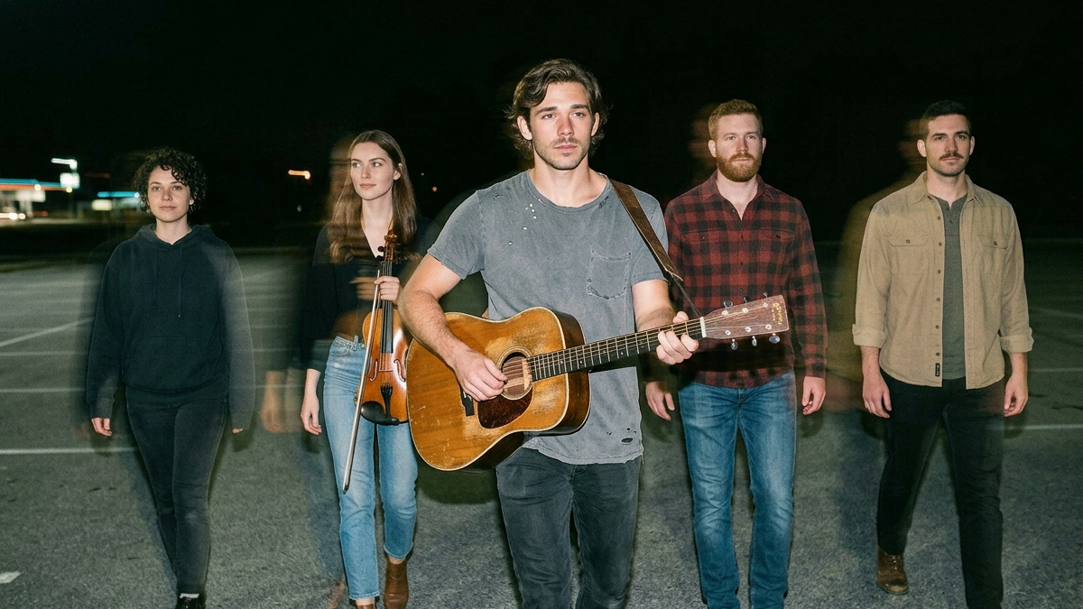 The Rivyr photographed at night in an empty parking lot, five figures walking toward camera, one carrying an acoustic guitar.