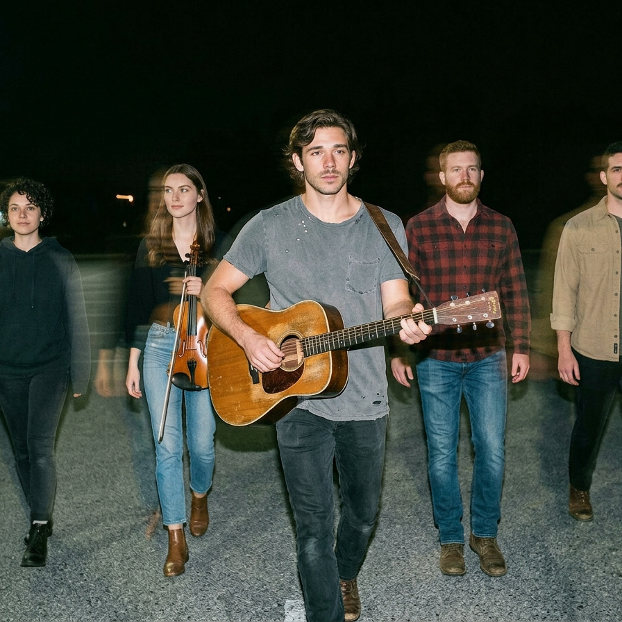 The Rivyr photographed at night in an empty parking lot, five figures walking toward camera, one carrying an acoustic guitar.